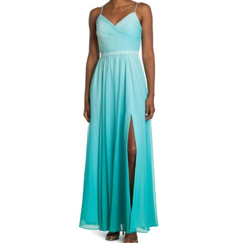 Calvin Klein Dip Dye Ruched Chiffon Gown In Viridian Blue